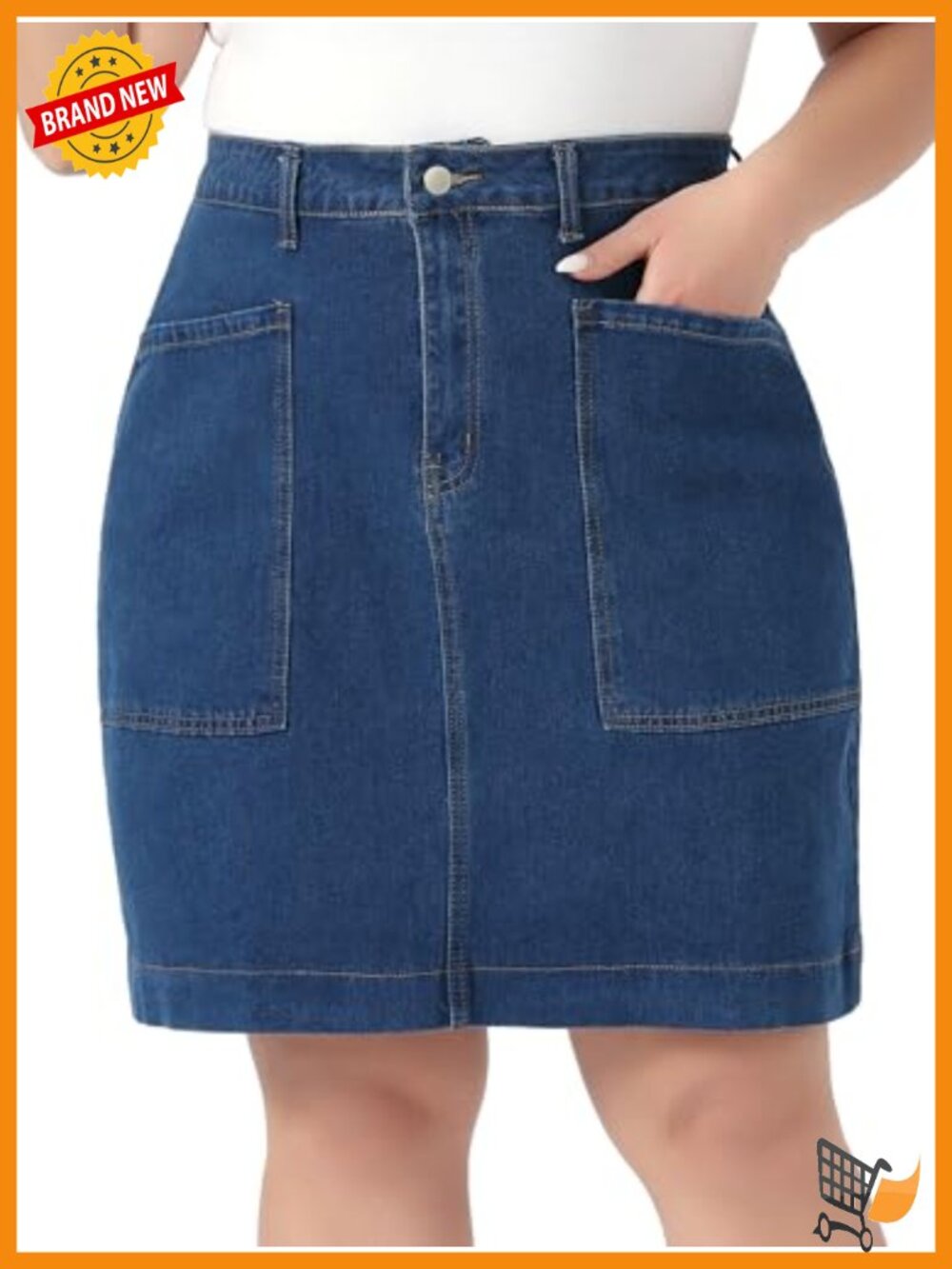 Plus Size Denim Pencil Skirt High Waist Knee Length with Pockets Stretchy